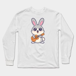 Kawaii Bunny Playing Acoustic Guitar Cartoon Long Sleeve T-Shirt